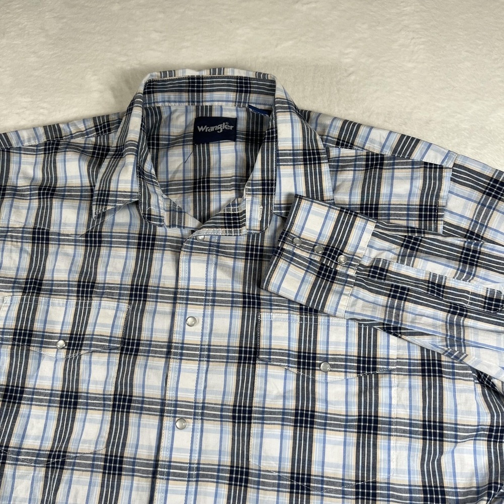 Wrangler Shirt Mens 2XL Blue Plaid Western Pearl Snap Long Sleeve Casual Cowboy